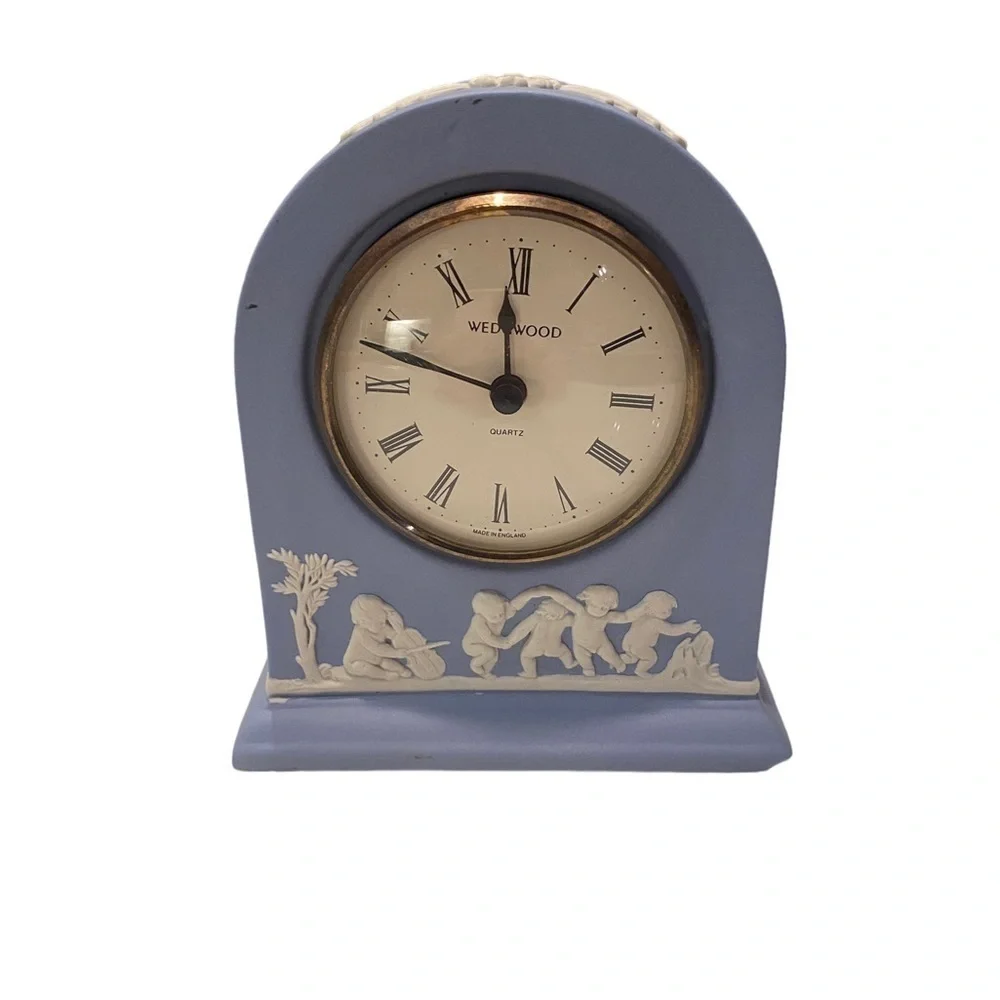 Wedgwood Portland Blue Jasperware Dome Mantel Clock with Cherubs Roman Numerals